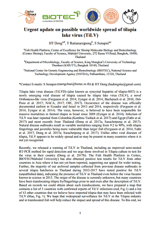 Urgent update on possible worldwide spread of tilapia lake virus (TiLV).