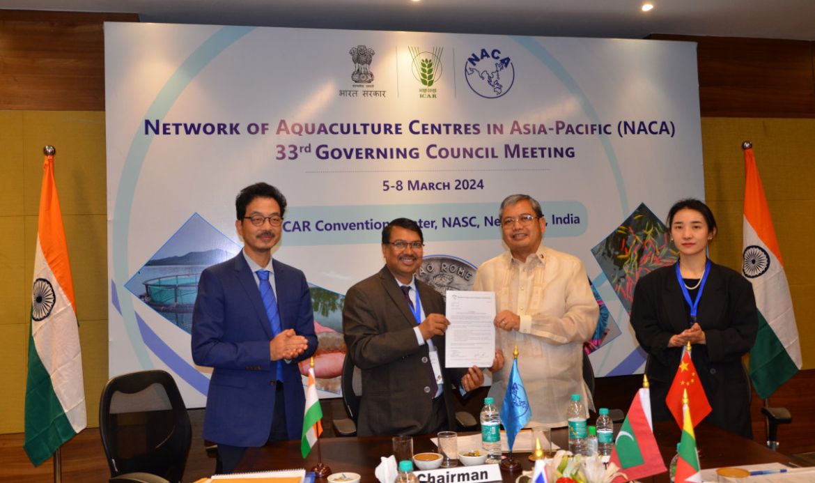 From left: Dr Huang Jie (DG NACA), Dr J.K. Jena (GC Chair and DDG ICAR Fisheries, India), Dr Eduardo Leaño (DG Elect, NACA) and Dr Xiangzhou Liu (GC Vice Chair, Ministry of Agriculture and Rural Affairs, China)