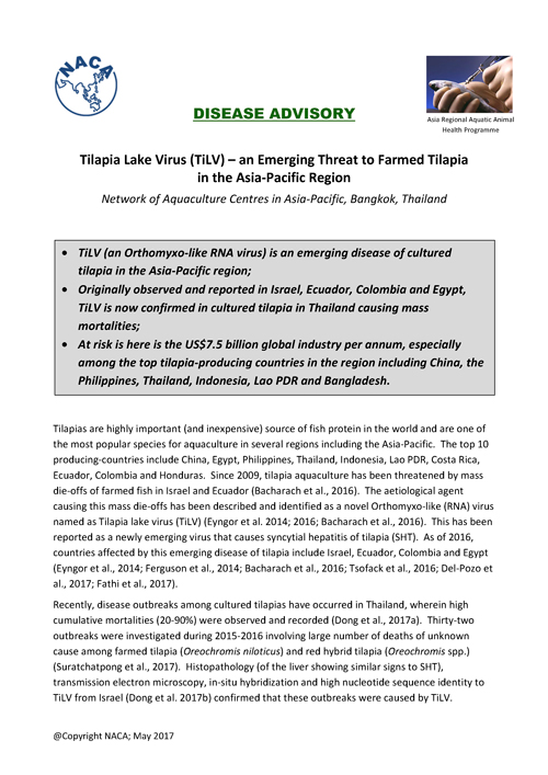 Disease advisory Tilapia lake virus an emerging threat to farmed