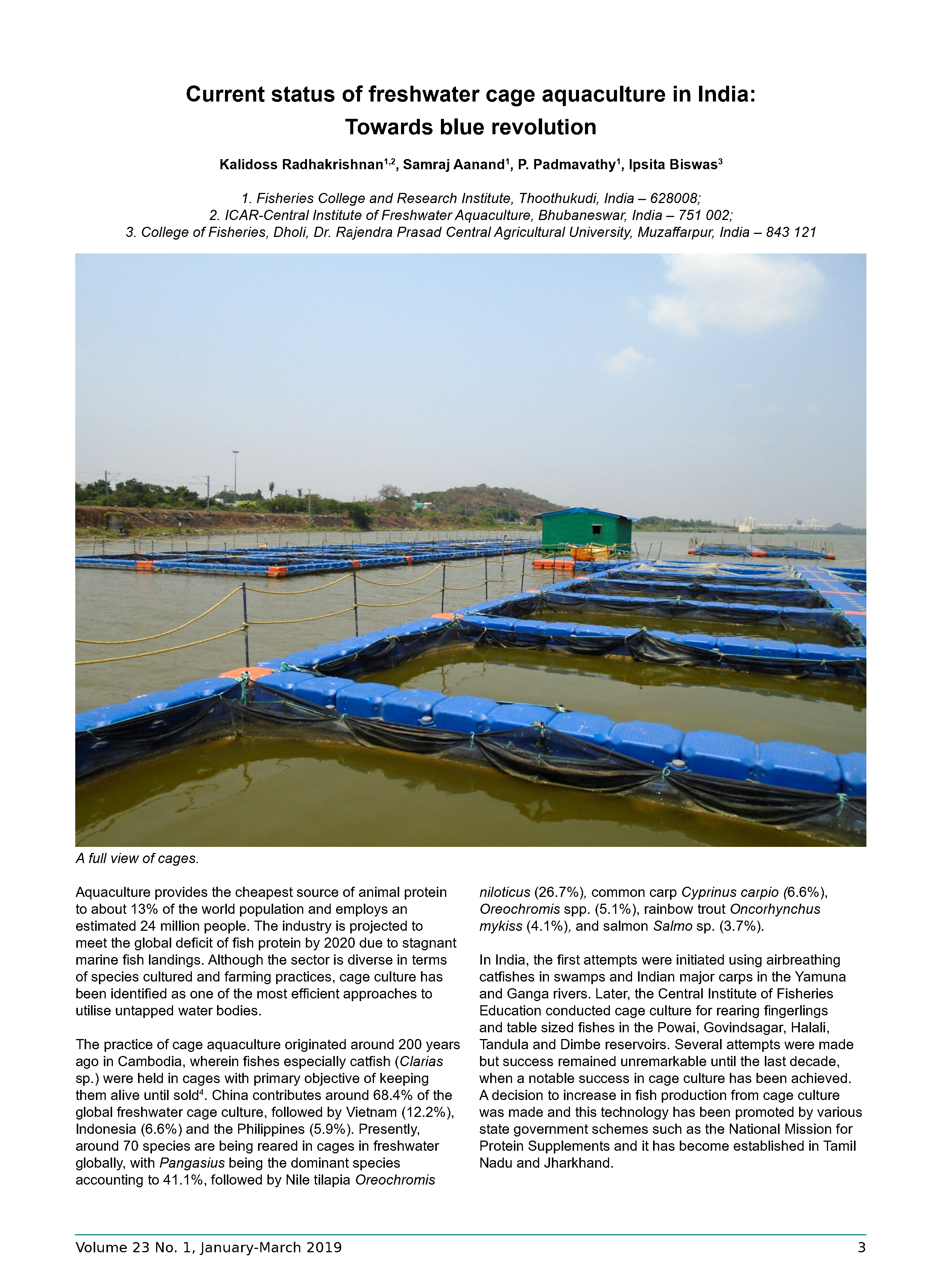 Current status of freshwater cage aquaculture in India Towards blue